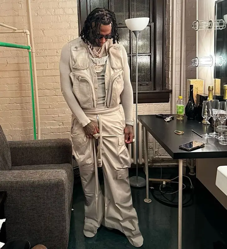 Moneybagg Yo outfit in Rick Owens, Goyard, and Prada, 2024