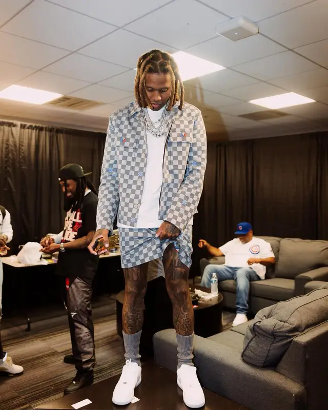 Lil Durk outfit in Louis Vuitton and Nike, 2024