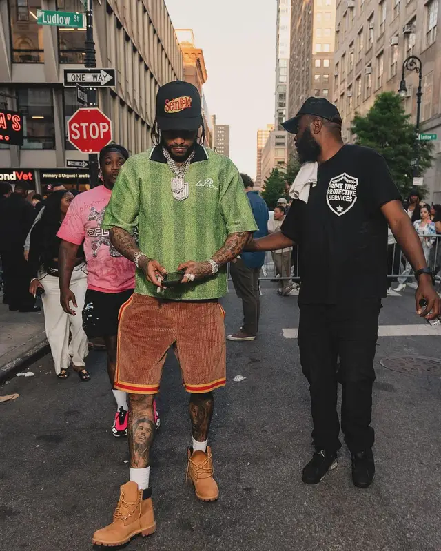 Dave East outfit in le PERE, Timberland, and Vintage, 2024