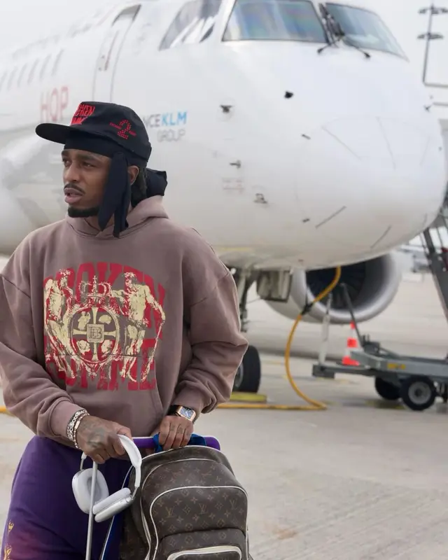 Quavo outfit in Louis Vuitton, Apple, and NBA, 2024