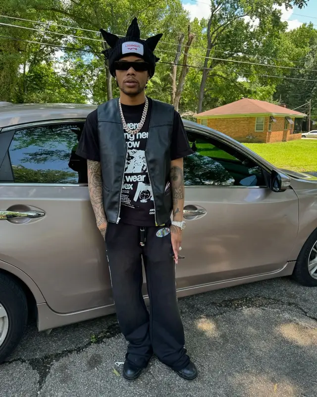 Lil Migo outfit in Supreme, Rick Owens, and Loverboy by Charles Jeffrey, 2024