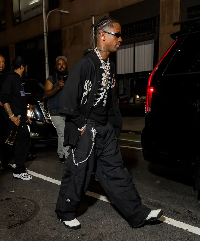 Travis Scott outfit in Kapital, Supreme, and Rick Owens, 2024
