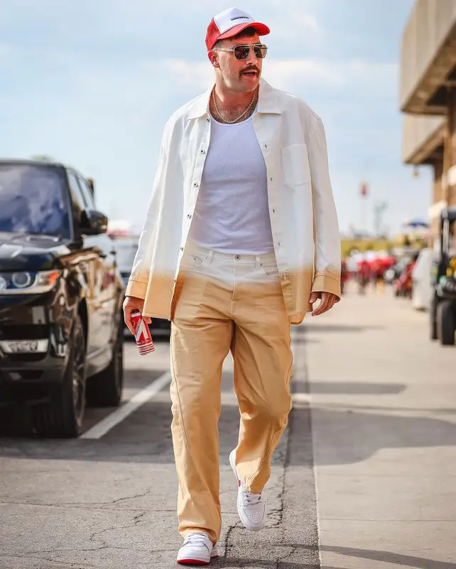 Travis Kelce outfit in Lanvin, Nike, and Bottega Veneta, 2024