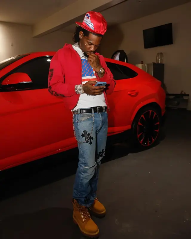 Offset outfit in Balenciaga, New Era, and Philadelphia Phillies, 2024