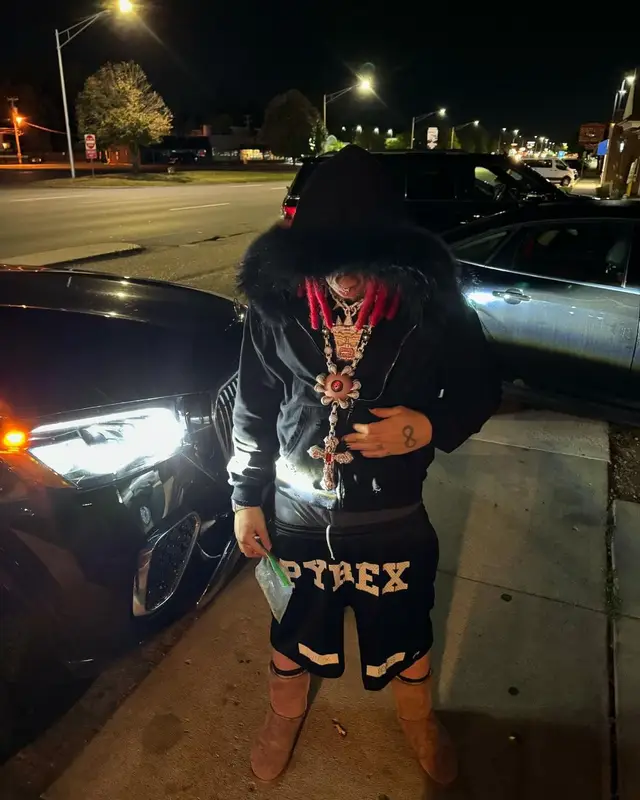 Trippie Redd outfit in Denim Tears, Ugg, and Pyrex Vision, 2024