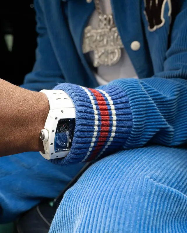 Lil Tjay outfit in Wales Bonner, Richard Mille, and Bonnie Clyde, 2024