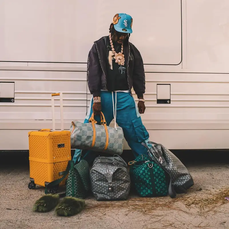 Chief Keef outfit in Nike, Goyard, and Louis Vuitton, 2024
