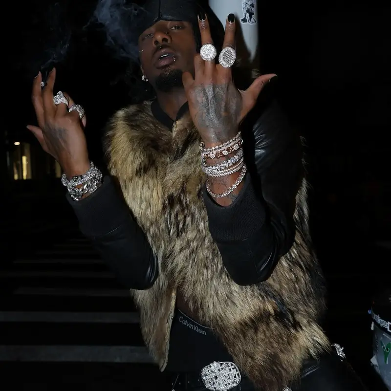 Playboi Carti outfit in Balmain, Chrome Hearts, and Calvin Klein, 2024