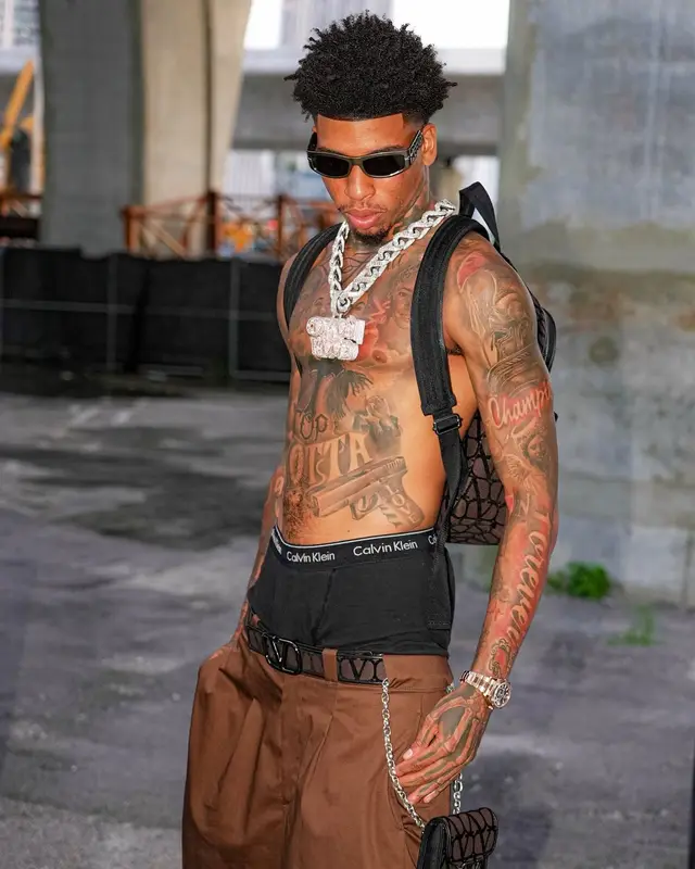 NLE Choppa outfit in Moncler, Valentino, and Calvin Klein, 2024