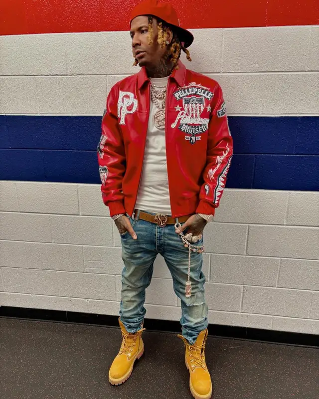 Moneybagg Yo outfit in Timberland, Louis Vuitton, and New Era, 2024