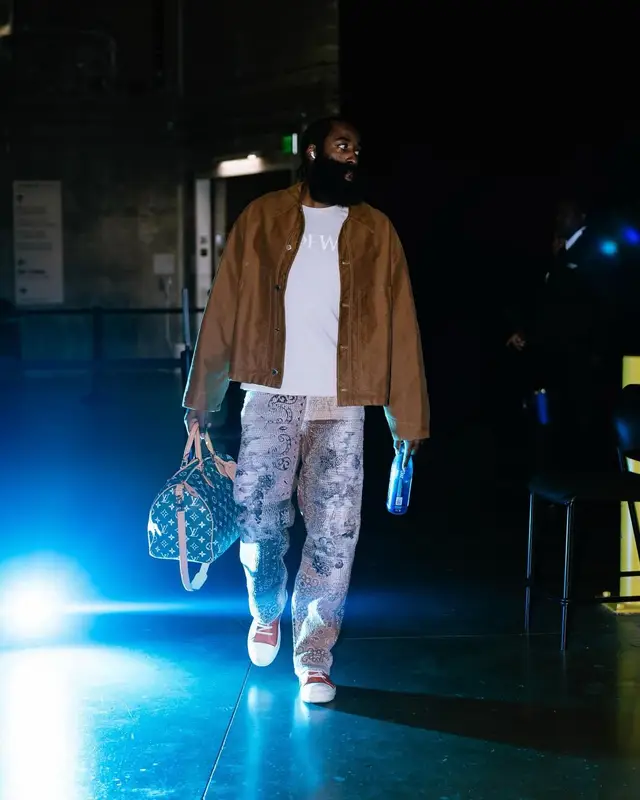 James Harden outfit in Prada, Rick Owens, and Louis Vuitton, 2024