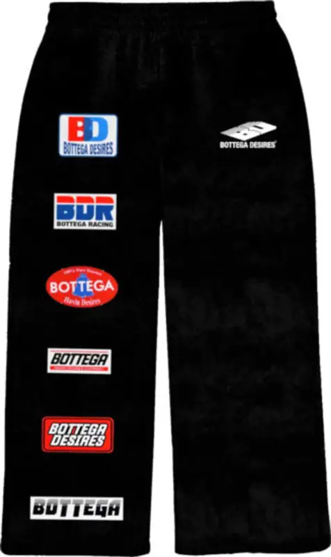 Bottega Desires Black Racing Logo Patches Sweatpants $250