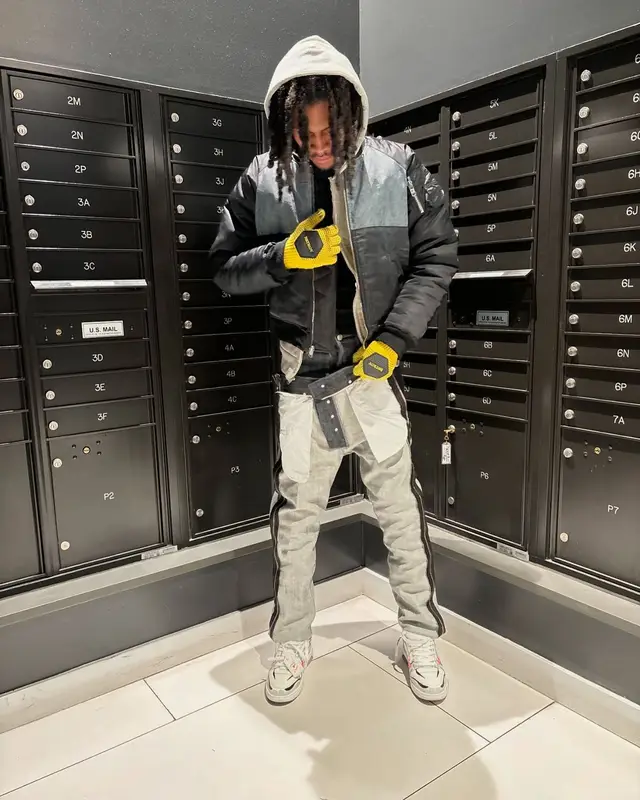 Yung Kayo outfit in Bstroy and Off-White, 2025