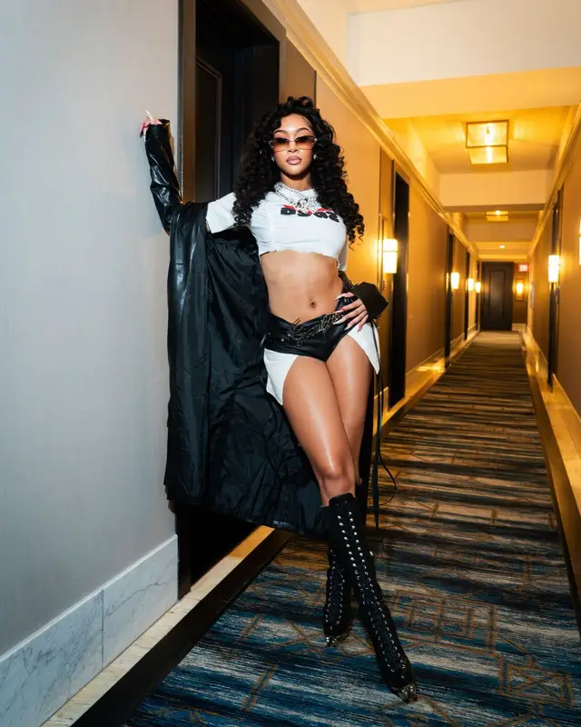 Lakeyah outfit in Dsquared2 and Jean Paul Gaultier, 2025