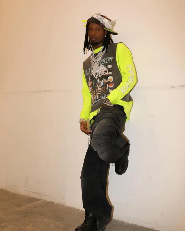Playboi Carti outfit in Balenciaga, Nike, and Chrome Hearts, 2025