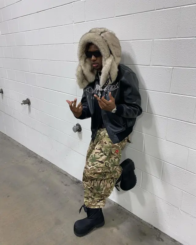 Rob49 outfit in Avirex, Rick Owens, and KidSuper, 2025