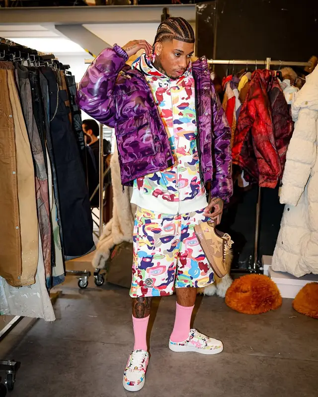 NLE Choppa outfit in Bape and KidSuper, 2025