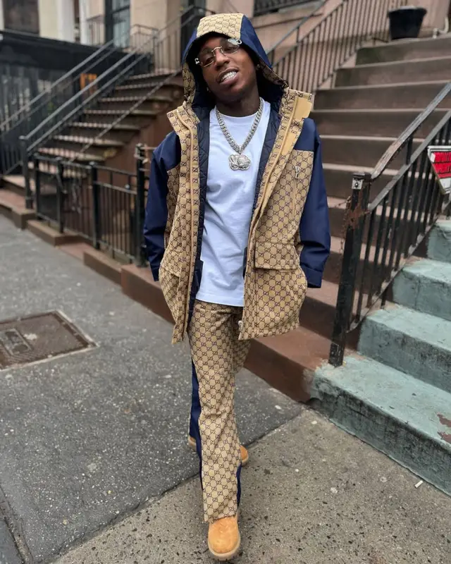Jacquees outfit in Gucci, Supreme, and Timberland, 2025