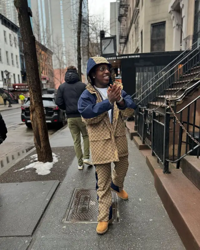 Jacquees outfit in Gucci, Supreme, and Timberland, 2025