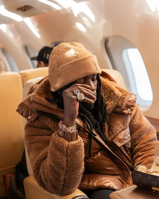 Gazo outfit in Moncler, Jacquemus, and Louis Vuitton, 2025
