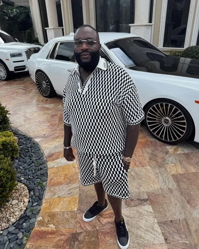 Rick Ross outfit in Amiri, Rolex, and Van Cleef & Arpels, 2025
