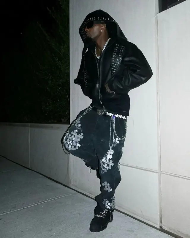 Playboi Carti outfit in Calvin Klein, Off-White, and Chrome Hearts, 2025