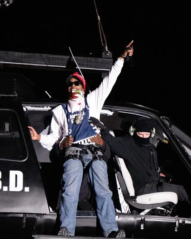 ASAP Rocky outfit in ASAP Rocky Merch, Alex Moss, and AWGE, 2025