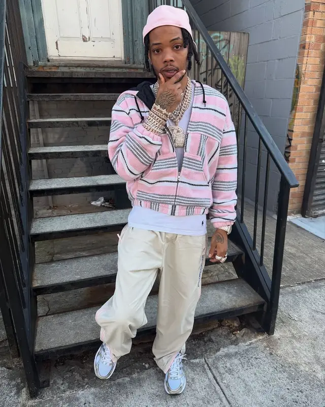 Lil Migo outfit in Ralph Lauren, Supreme, and New Era, 2025