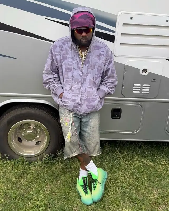 Wale outfit in Bape, Oakley, and KidSuper, 2025