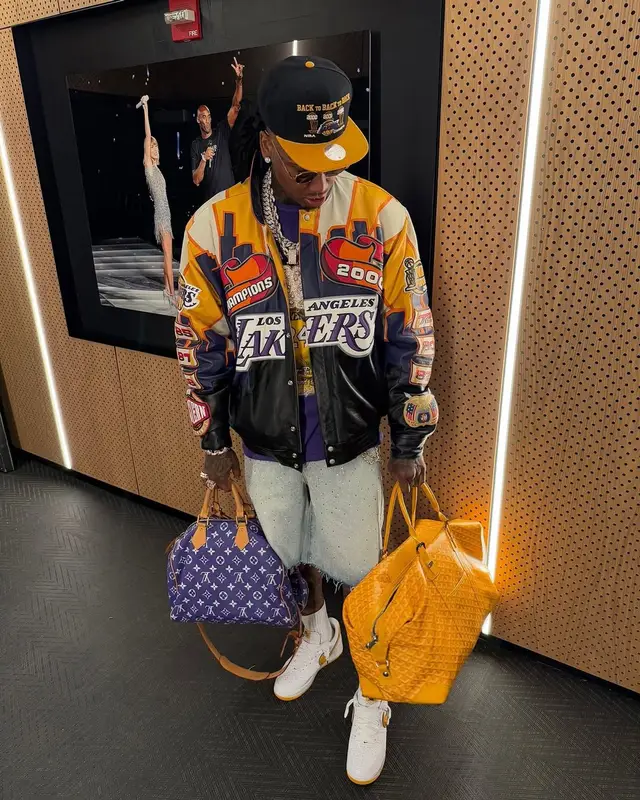 Moneybagg Yo outfit in Jeff Hamilton, Louis Vuitton, and Mitchell & Ness, 2025