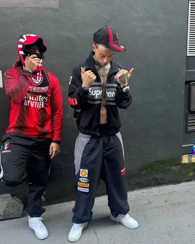 Central Cee outfit in Supreme, AC Milan, and Ducati Corse, 2025
