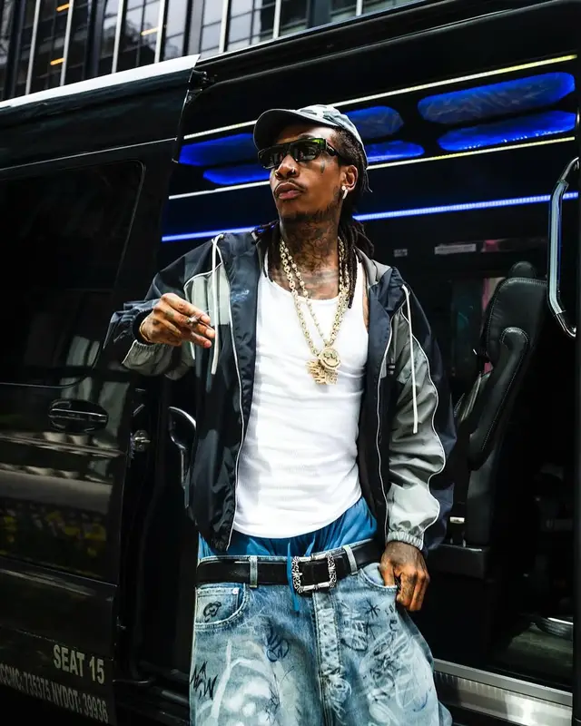 Wiz Khalifa outfit in Miu Miu, Chrome Hearts, and Balenciaga, 2025