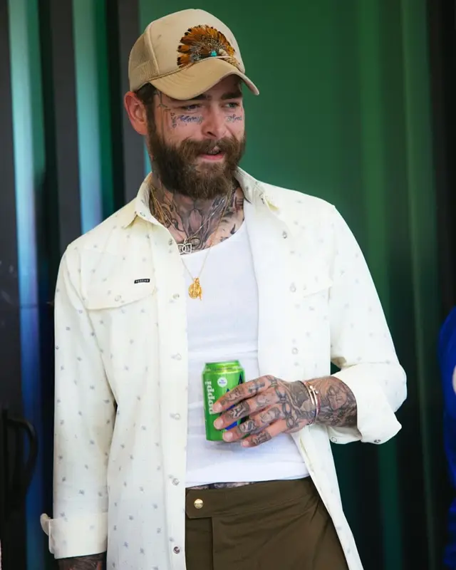 Post Malone outfit in Hanes, Cartier, and Tom Ford, 2025