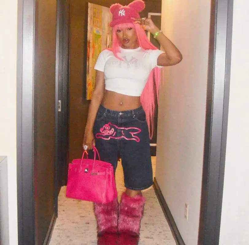 Megan Thee Stallion outfit in IceCream, Louis Vuitton, and Takashi Murakami, 2025