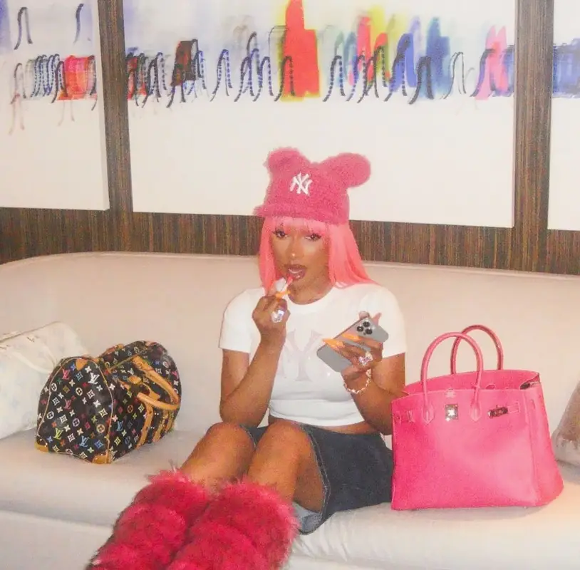 Megan Thee Stallion outfit in IceCream, Louis Vuitton, and Takashi Murakami, 2025