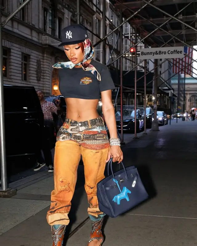 Megan Thee Stallion outfit in Vintage, New Era, and Harley-Davidson, 2025