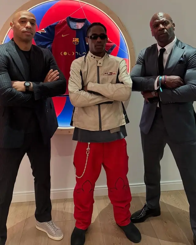 Travis Scott outfit in Rick Owens, Travis Scott Merch, and FC Barcelona, 2025