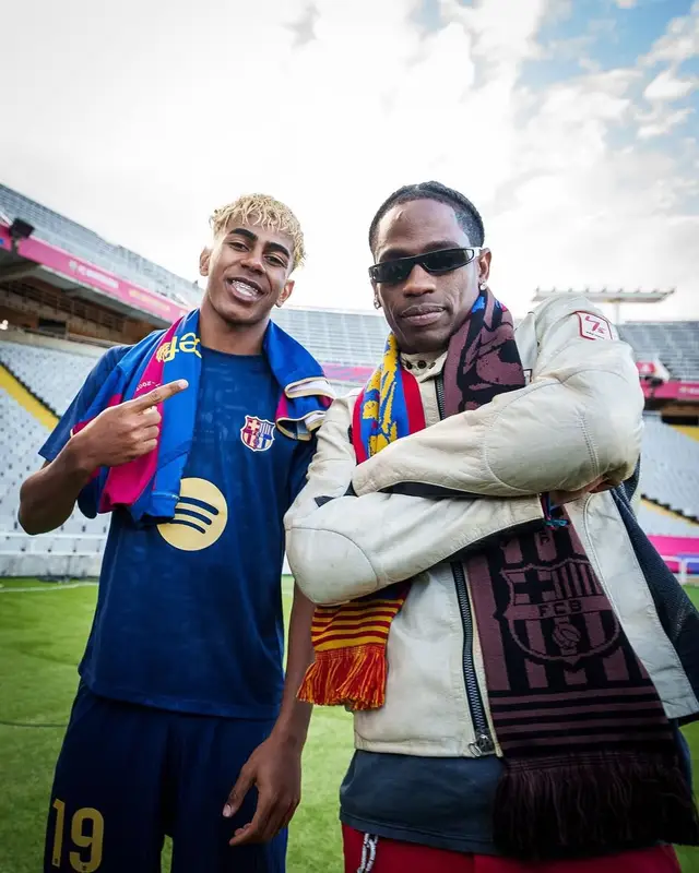 Travis Scott outfit in Rick Owens, Travis Scott Merch, and FC Barcelona, 2025