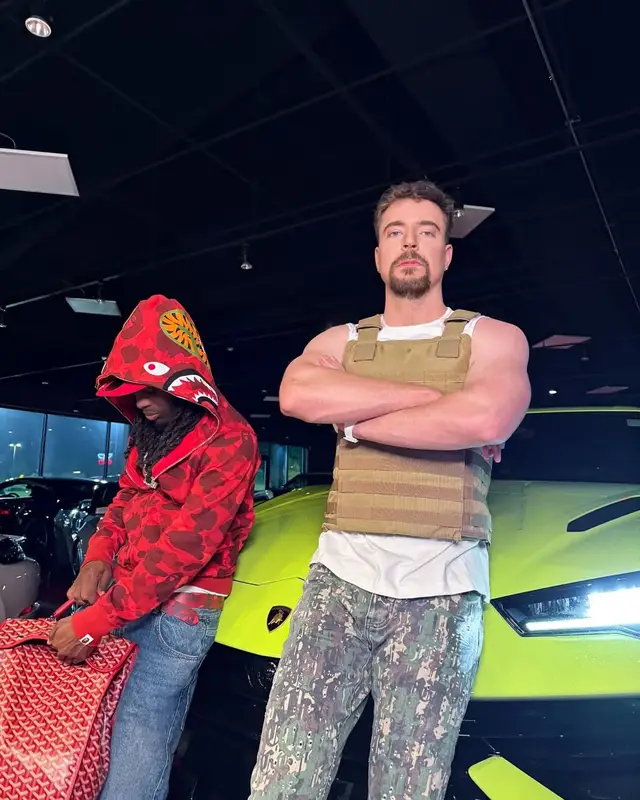 MrBeast outfit in Purple Brand, Richard Mille, and Versace, 2025