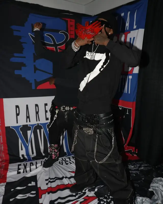 Playboi Carti outfit in Emporio Armani, Chrome Hearts, and Saint Laurent, 2025