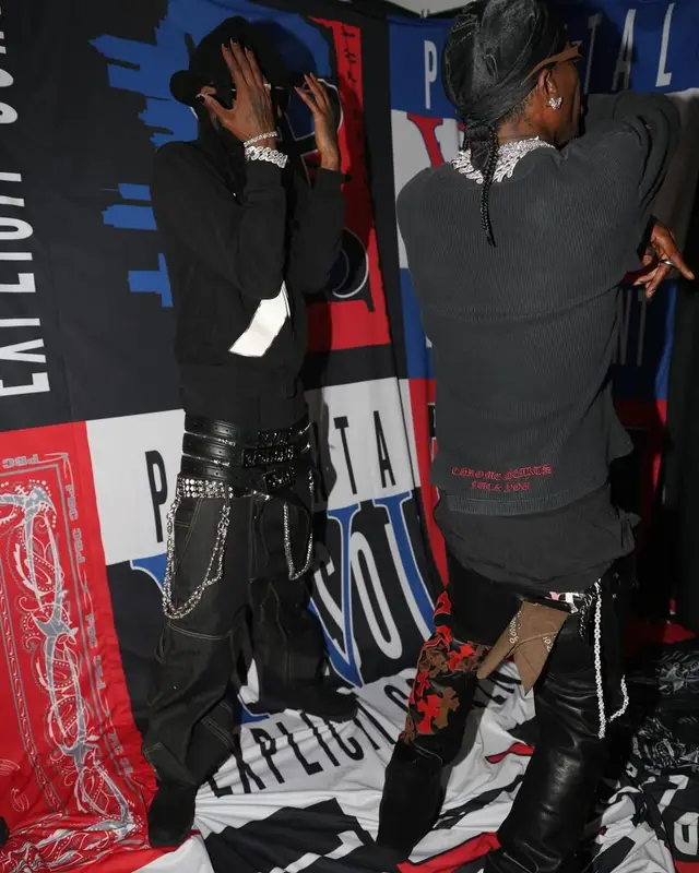 Travis Scott outfit in Chrome Hearts, Timberland, and Rick Owens, 2025