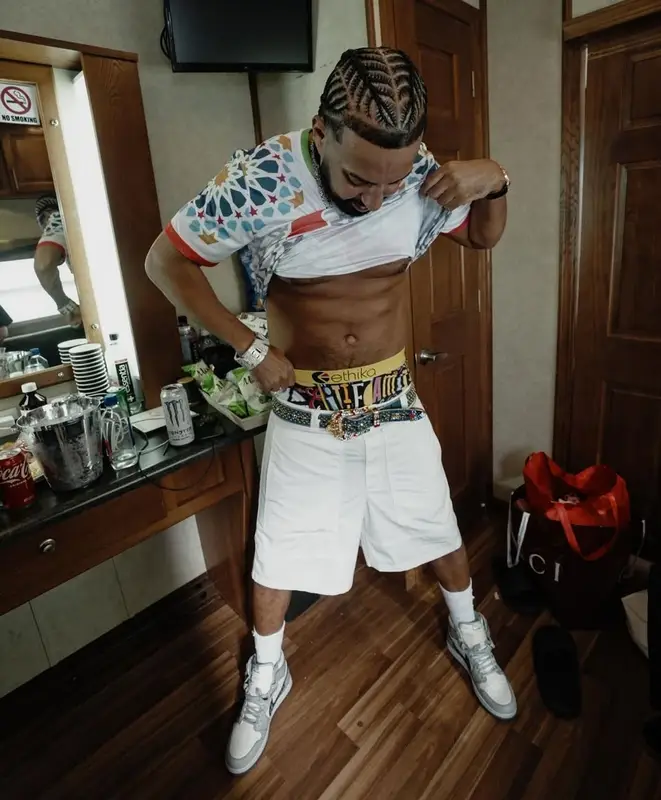French Montana outfit in Vintage, B.B. Simon, and Ethika, 2025