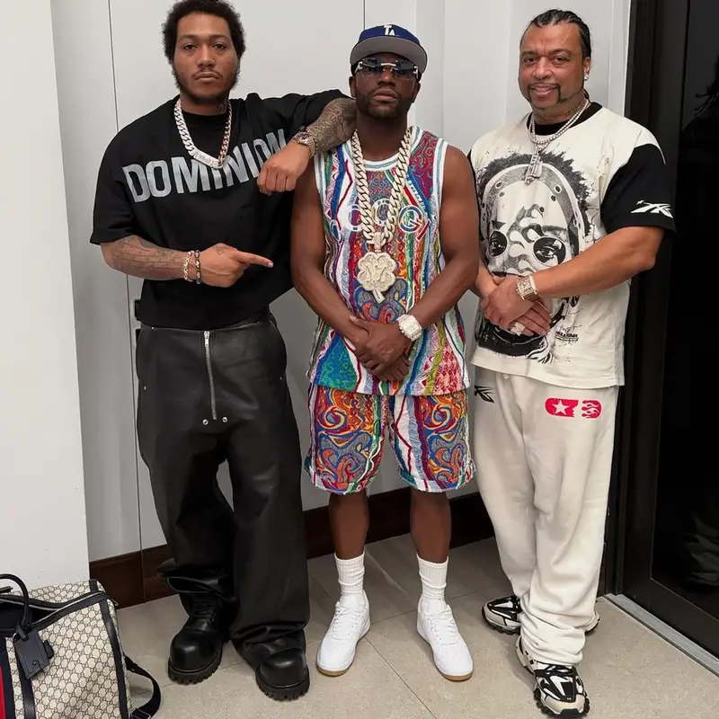 Floyd Mayweather outfit in Coogi, Nike, and New Era, 2025