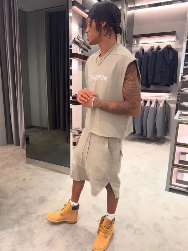 Nemzzz outfit in Rick Owens, Champion, and Nike, 2025