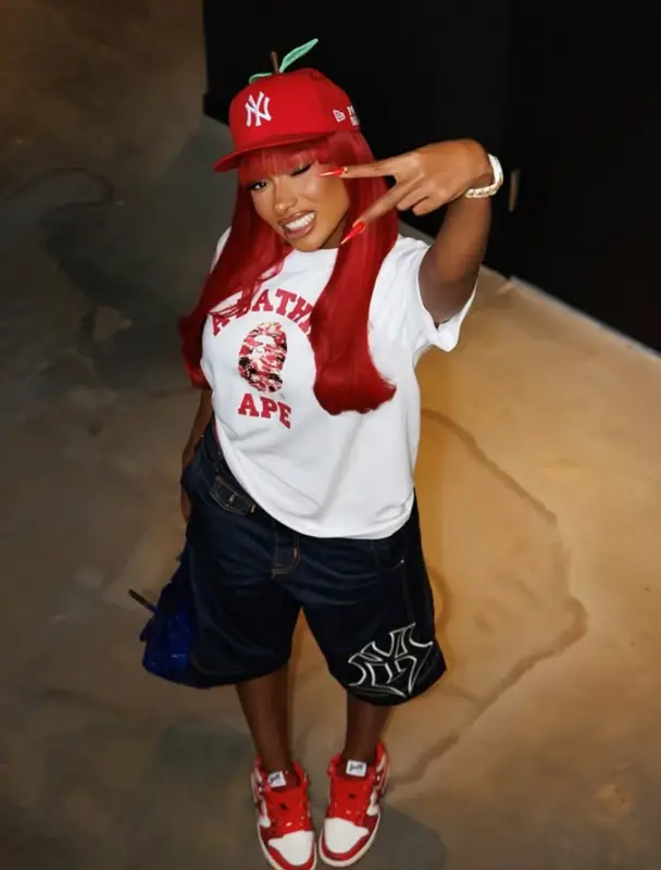 Megan Thee Stallion outfit in Bape, Hermes, and Monsieur M, 2025