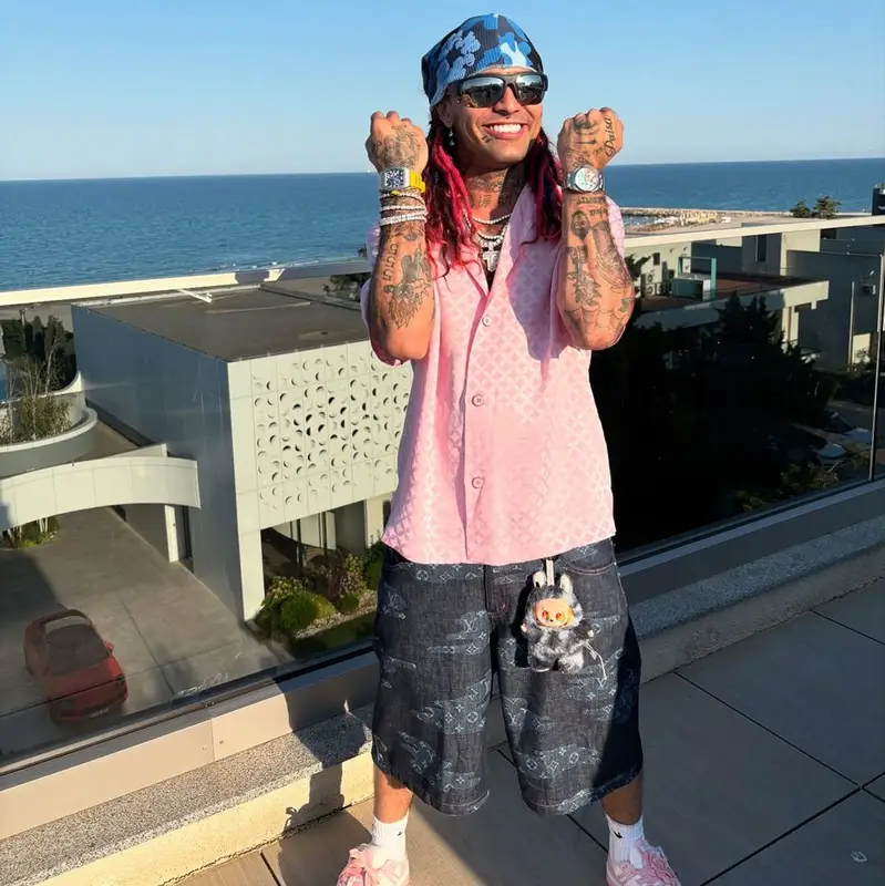 Lil Pump outfit in Louis Vuitton, Prada, and Denim Tears, 2025