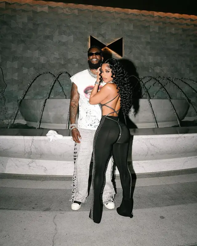 Gucci Mane outfit in Purple Brand, Who Decides War, and Rick Owens, 2025