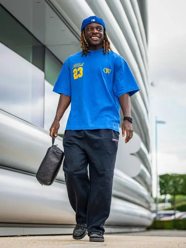 Jeremy Doku outfit in Off-White, Balenciaga, and Nike, 2025