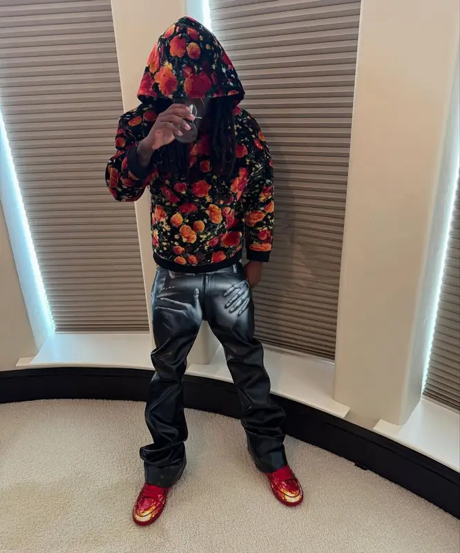 Kai Cenat outfit in Louis Vuitton, Mowalola, and Virgil Abloh, 2025
