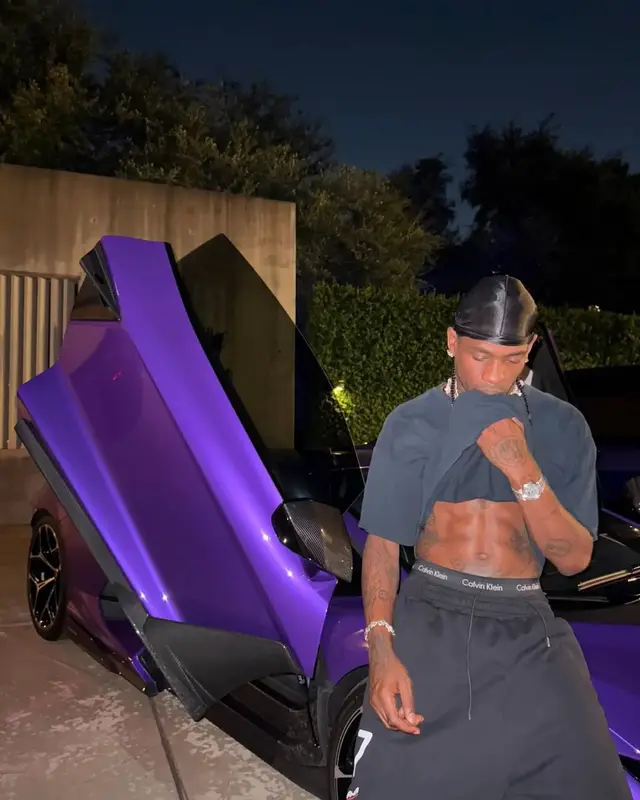 Travis Scott outfit in Louis Vuitton, Takashi Murakami, and Calvin Klein, 2025